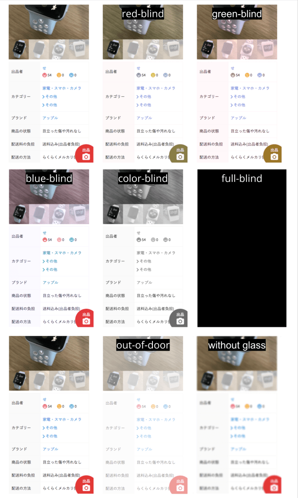 様々な場面・視覚でのアプリケーションの見え方。
red-blind、green-blind、blue-blind、color-blind、full-blind、out-of-dorr、without glass