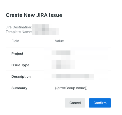 New Relic の JIRA チケットを作成する画面。事前にテンプレートを設定する必要があり、テンプレート名や、Project、Issue Type、Description がモザイクで見えなくなっている。