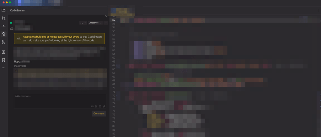 PhpStorm の画面が表示されている。左側に CodeStream のタブが開いていて、右側にソースコードがある。ほとんどの情報はモザイクで隠されている。