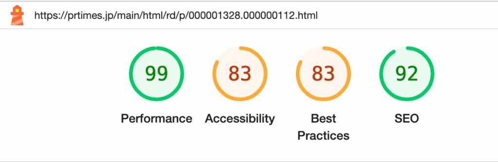 Lighthouse の計測結果のサマリ表示のスクリーンショット。Performance が 99、Accessibility が 83、Best Practices が 83、SEO が 92。