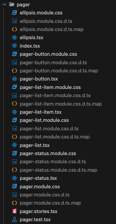 1つのディレクトリに6つのCSS Modulesのファイル、コンポーネントファイル、型定義ファイルが存在している